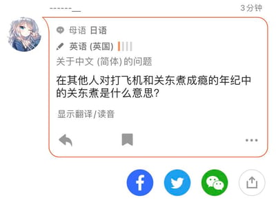 这是一张翻译或语言学习软件的界面截图，显示一个带有动漫风格头像的用户提问。界面顶部显示语言设置为母语日语，英语(英国)水平中等。核心内容是用户询问：'在其他人对打飞机和关东煮成瘾的年纪中的关东煮是什么意思?'，反映了对中文网络用语或特定语境下词汇含义的疑惑。