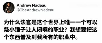 这是一张社交媒体截图，显示用户Andrew Nadeau（@TheAndrewNadeau）的发言。内容调侃法官是唯一能用小锤子让人闭嘴的职业，并幽默地表示希望将这种‘权力’普及到自己所有的职业中，充满了对日常中希望掌控话语权的调侃。