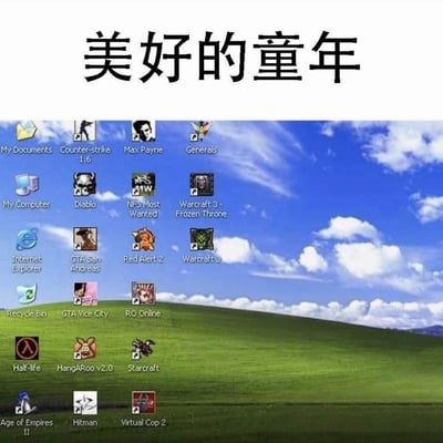 这是一张怀旧梗图，顶部白色区域用黑色粗体字标注了标题“美好的童年”，下方使用Windows XP系统默认的蓝色天空草地经典壁纸作为桌面背景，桌面上排列了大量2000年到2010年期间国内玩家非常熟悉的经典PC单机、网络游戏的快捷方式图标，包含《反恐精英1.6》《马克思佩恩》《暗黑破坏神》《极品飞车：最高通缉》《魔兽争霸3》《侠盗猎车手：圣安地列斯》《红色警戒2》《半条命》《星际争霸》《帝国时代2》等诸多经典老游戏，整体用来唤起一代人童年玩PC游戏的美好回忆。