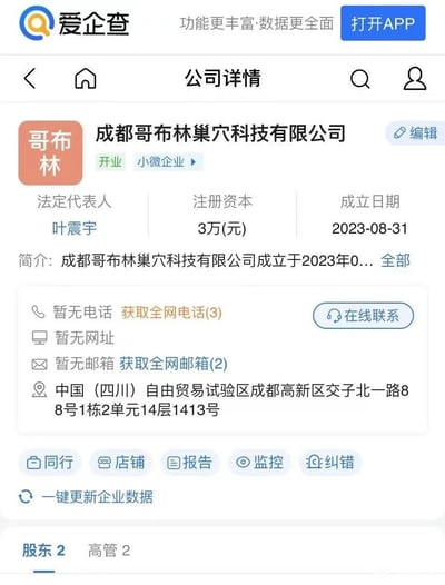 这是爱企查APP的公司详情页面截图，展示了成都哥布林巢穴科技有限公司的工商注册信息。页面包含公司名称、法定代表人叶震宇、注册资本3万元、成立日期2023年8月31日等基本信息，以及公司注册地址和联系方式等内容。页面顶部有爱企查的logo和导航栏，底部有功能按钮。