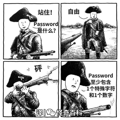 这是一幅四格连环黑白漫画，通过古今场景错位结合现代网络规则制造笑点。第一格中，一名身着复古军装、手持长枪的守卫士兵表情严肃，喝问对方：“站住！Password是什么？”；第二格，对面同样身着军装的被盘问者表情惊讶，回答道：“自由”；第三格，守卫士兵开枪，画面标注出开枪的拟声词“砰”；第四格，守卫士兵看着还冒着烟的枪口，一本正经地说道：“Password至少包含1个特殊字符和1个数字”。漫画用荒诞的方式吐槽了现代网络账号设置密码时，对复杂度的强制要求，将“自由”这个不符合密码规则的回答作为被“否决”的理由，用开枪这种夸张的表现手法放大了密码规则的繁琐感，形成强烈的幽默反差。