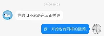 这是一张即时通讯软件的聊天记录截图，时间显示为07-06 18:08。左侧带有蓝色卡通动物头像的用户向对方询问“你的id不就是东云正树吗”，右侧带有动漫女生头像的用户回复称自己一开始也有同样的疑问，对话呈现出一种无厘头的呼应效果。其中提到的“东云正树”是游戏《偶像梦幻祭》中的角色，对话中未包含双关、谐音梗或暗示内容。