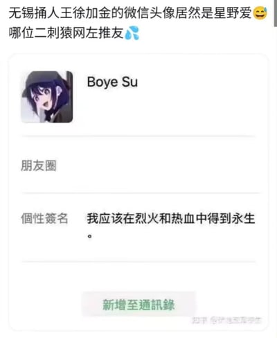 这张梗图由上方配文和下方微信个人页面截图组成，配文调侃“无锡捅人王徐加金的微信头像居然是星野爱😅 哪位二刺猿网左推友💦”，截图中的微信昵称为Boye Su，头像是动画《我推的孩子》中的角色星野爱，个性签名为“我应该在烈火和热血中得到永生。”。网友将现实涉案人员的社交账号信息与二次元文化元素结合，制造出强烈的反差感，以此进行调侃，传递出惊讶、无语的情绪。