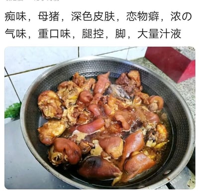 这是一张图文混排的趣味内容，上方是一段采用猎奇、擦边感词汇组合的文字：“痴味，母猪，深色皮肤，恋物癖，浓の气味，重口味，腿控，脚，大量汁液”，下方是一张实拍的烹饪场景图，锅中盛放着多块卤制中的猪蹄，猪蹄外皮呈现深褐色，浸泡在浓稠的卤汁里，是典型的中式卤味制作画面。这段文字是网友的玩梗创作，用看似低俗猎奇的表述对应猪蹄的真实特征：“母猪”对应猪蹄的来源，“深色皮肤”指卤制后的猪蹄外皮，“浓の气味”是卤味的厚重香气，“大量汁液”是锅中的卤汁，“腿控、脚”对应猪蹄的部位，通过这种反差感的调侃，将普通美食赋予搞笑的猎奇属性，制造趣味效果。