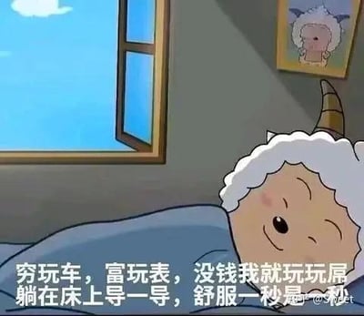 这张图是动画角色懒羊羊躺在床上的截图，懒羊羊一脸惬意满足，闭着一只眼，姿态放松。图中配文为“穷玩车，富玩表，没钱我就玩玩屌 躺在床上导一导，舒服一秒是一秒”，用低俗的谐音梗来调侃没钱时只能躺平自娱的摆烂生活，通过懒羊羊悠闲的形象放大了这种躺平摆烂的搞笑感。
谐音梗说明：这里的“玩玩屌”是低俗化的谐音表述，实际是用自嘲的方式表达没钱时只能自我消遣、躺平度日的心态，“导一导”也对应低俗的自我行为描述，用夸张的方式强化摆烂的自嘲感。