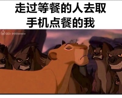 本梗图通过电影《狮子王》的场景结合现代生活，表现了当人们点餐时用手机点单比在柜台排队快，结果可以直接“傲娇”地走过所有仍在等餐的人。主角母狮高傲地昂着头，周围的鬣狗表情复杂，增强了‘我是特权阶级’的幽默感。

没有明显的谐音梗，但表现出一种带有优越感、自豪感的自嘲氛围。