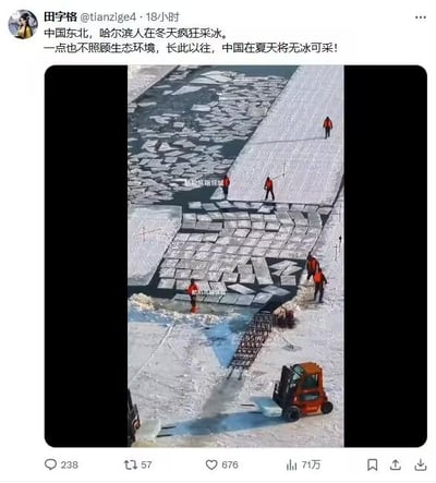 这是一张微博平台的社交媒体截图，用户「田宇格」发布动态称：「中国东北，哈尔滨人在冬天疯狂采冰。一点也不照顾生态环境，长此以往，中国在夏天将无冰可采！」，配图为哈尔滨冬季采冰作业的纪实照片。照片中，多名身着橙色工作服的采冰工人在江面开展作业，有的在冰面切割冰块，有的在搬运，还有叉车辅助运输，江面上已经有大量被切割好的规整冰块。实际上，哈尔滨的采冰作业是为了冰雪大世界等冰雪文旅项目，采冰是在生态允许的合理范围内进行的，且冬季采冰和夏季的冰情并无直接关联，该网友的说法存在明显的认知误区，属于对采冰作业的错误解读。