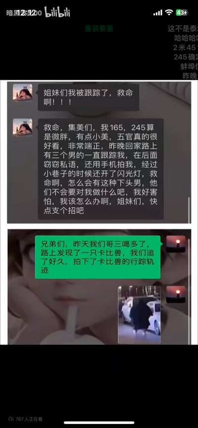 这是一张由两段聊天记录拼接而成的对比梗图，制造出强烈的反差搞笑效果：
1. 上方是一位身高165cm、体重245斤的女生在姐妹群里紧急求助，称自己被三名男生跟踪、拍照，担心自身安全，还强调自己只是“微胖有点小美”；
2. 下方是三名男生的聊天记录，真相揭晓——他们喝多了，把体型圆胖的女生当成了宝可梦的卡比兽，一路追踪只是为了“记录卡比兽的行踪”。
梗点在于双方认知的巨大偏差，女生的恐慌和男生的离谱行为形成滑稽对比，同时用卡比兽的形象调侃女生的体型，充满笑点。