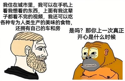 左侧为一位留着金色短发和络腮胡的男性侧脸卡通形象，上方文字描述其城市生活的物质优势：手机视频、美食、车房；右侧是一只表情疑惑的 orangutan 卡通形象，上方文字以反问句直击核心：“那你上一次真正开心是什么时候”。通过鲜明对比，揭示现代都市人物质丰裕与情感空虚的矛盾状态。