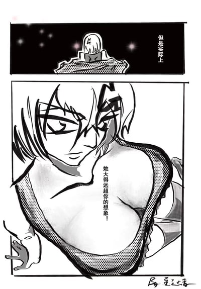 这是一幅两格的黑白手绘原创漫画梗图，第一格展示了一个角色的背影，看起来十分普通，配文“但是实际上”；第二格是角色的近景，角色带着冷峻的神态，转身露出远超常规的夸张大胸部，配文“她大得远超你的想象！”，通过前后画面的强烈视觉反差制造搞笑效果，没有双关或谐音梗，纯靠画面的反差感带来喜剧趣味。