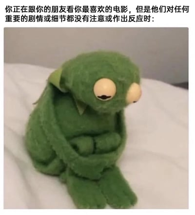 这是一张图文结合的表情包，上方配文描述了一个共情场景：和朋友一起看自己最喜欢的电影，但是朋友们对电影里的重要剧情和细节都毫无反应、没有注意到；图中是美国经典木偶IP科米蛙的玩偶，它蜷缩着身体，双手抱在胸前，眼神低垂，表情失落又委屈，完美对应了配文里那种自己珍视的内容不被身边人理解、在意的失落心情，精准传递出分享欲落空时的低落情绪，很容易让有类似经历的人产生共鸣。