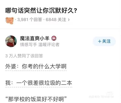 这是一张网络段子截图，内容讲述了在“哪句话突然让你沉默好久？”的话题下，一位网友分享自己和外婆的对话。网友自谦地说考上的是“一所很差很垃圾的二本”大学，结果外婆完全没有在意学校好坏只关心“那学校的饭菜好不好”，让网友陷入沉默。有种温暖又无奈的幽默感，带有中国家庭老人关心点独特的洞察。

图中出现了略带自嘲和温情的情景，但没有明显双关、谐音梗或暗示。