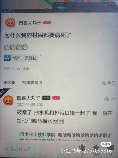 这张图截自某模拟经营类手游社区，玩家在游戏过程中发现自己村民都生病死去，一开始不明原因，评论区自嘲性地解释原来是把抽水机和排污口接到了一起，相当于给村民喝了马桶水。整个讨论极具黑色幽默和自嘲风格。

**暗示/双关说明：**
- "喝马桶水"是对操作失误的夸张描述，也反映了玩家自黑和幽默解压的网络交流风格。
