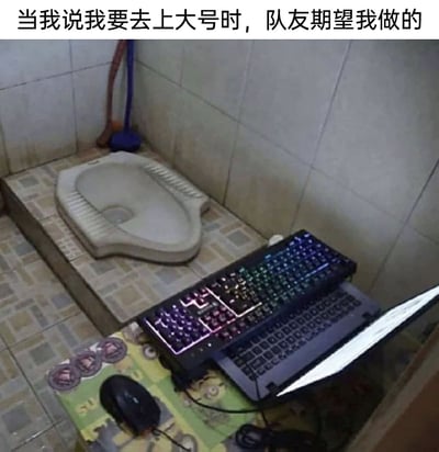 这是一张充满幽默反差感的游戏相关梗图，画面呈现了一个带有蹲式马桶的卫生间场景，在马桶前方的区域摆放着一台打开的笔记本电脑，上面还叠放着一个带有RGB背光的外接键盘，旁边配有鼠标，仿佛要让人在上厕所的同时也能操作电脑进行游戏。图片上方的文字“当我说我要去上大号时，队友期望我做的”点明了梗的核心，用这种夸张的场景调侃游戏中的队友总是希望玩家全程参与游戏，哪怕是处理生理需求也不能掉线缺席，精准戳中了多人联机游戏玩家的日常共鸣点，充满搞笑氛围。