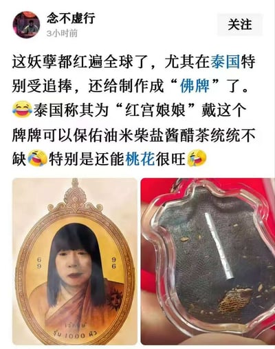 本梗图基于“南京红姐事件”热度进行二次创作，将事件主角形象恶搞为泰国佛牌，并配上夸张的网络笑谈。图片包含了微博网友热门评论以及两张佛牌相关配图，一幅为手绘佛牌头像，另一幅为现实佛牌实物，讽刺意味浓厚。通过“红宫娘娘”“佛牌保佑”等段子，将网络事件娱乐化，调侃其社会风波带来的魔性影响，也折射出网友对网络诈骗、网络身份危机等社会现象的关注与无奈。