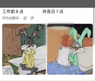 这是一张左右对比形式的搞笑表情包，以经典动画角色兔八哥的形象呈现打工人两种截然不同的作息状态：左图标注“工作前8点”，兔八哥神情萎靡、满脸疲惫地瘫坐在床上，呈现出不想起床上班的倦怠状态；右图标注“休息日7点”，兔八哥戴着眼镜、精神十足地靠在床上玩平板电脑，完全没有早起的困倦感，两种状态形成强烈反差，精准戳中当代打工人的作息痛点，图的上方还配有“评价此翻译”字样及点赞、点踩按钮。