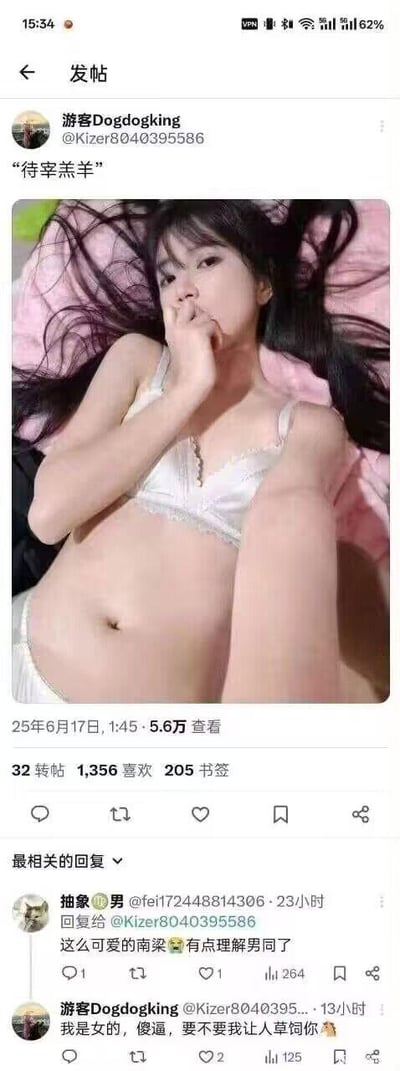 社交媒体用户"游客Dogdogking"发布的一张争议性帖子，内容为一名穿着白色内衣的女性躺在床上，配文"待宰羔羊"。评论区中，另一用户发表评论后遭到原作者的激烈辱骂回应。