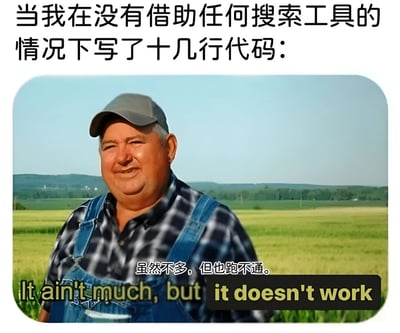 图片上方配有文字“当我在没有借助任何搜索工具的情况下写了十几行代码：”，中间是一位戴着帽子、穿着格子衬衫和背带裤的农民站在绿色田野中的照片，下方配有文字“虽然不多，但也跑不通。It ain't much, but it doesn't work”。这张梗图通过农民的形象和文字内容，幽默地表达了程序员在不借助搜索工具写代码时，虽然写出了代码但无法运行的自嘲场景。
