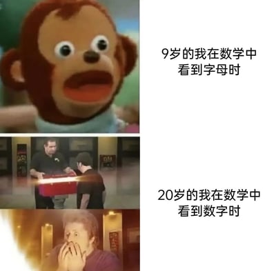 这是一张由三幅素材拼接而成的上下对比梗图，精准调侃了不同年龄段学习数学时的心态反差。上半部分是经典的“震惊猴子”表情包，搭配文字“9岁的我在数学中看到字母时”，还原了小学阶段刚接触代数知识，对数学题目中出现字母而非纯数字感到困惑、震惊的真实心态；下半部分选取了电影《夺宝奇兵》中“打开约柜”的经典场景截图，先是两人共同打开散发强光的箱子，接着是人物惊恐捂嘴的画面，搭配文字“20岁的我在数学中看到数字时”，对应大学阶段的数学内容多以抽象符号、复杂公式为主，当题目中突然出现数字时，反而会让人感到意外甚至震惊，用夸张的画面感放大了这种学习阶段的反差，引发广大学生群体的共鸣。