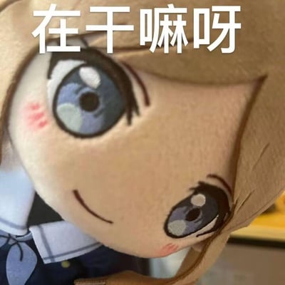 这是一张以《BanG Dream!》中市谷有咲的毛绒玩偶为主体的表情包，玩偶歪着脑袋，圆溜溜的眼睛搭配脸颊红晕，神态软萌亲昵，图片上方配有白色文字“在干嘛呀”，语气温柔可爱，适合用来作为和朋友聊天的开场，主动搭话开启对话，没有双关、谐音梗或暗示内容。