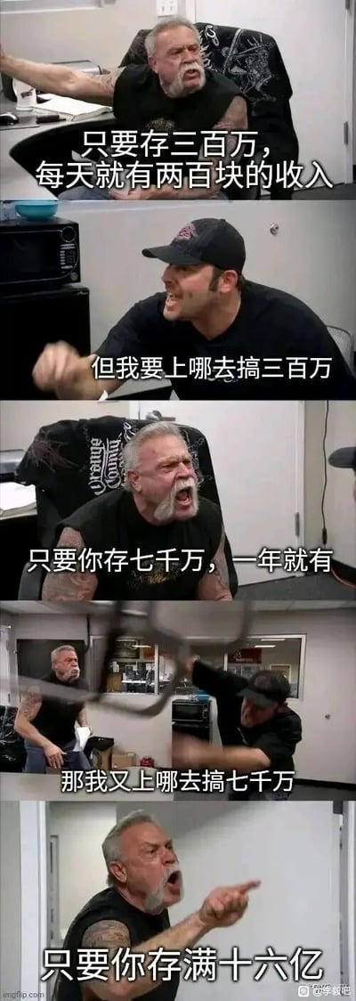 这是一组由五张截图组成的竖屏连环梗图，改编自经典吵架名场面。图中白发老爹和黑帽儿子以激烈的情绪展开对话，老爹不断提出靠大额存款躺赚的方案：先是说存三百万每天能有两百块收入，被儿子反问去哪搞三百万后，又升级到存七千万，儿子继续抓狂反问去哪搞七千万，老爹还在持续抬高门槛喊出存满十六亿。整个对话不断升级，把“靠存款利息躺赚”的不切实际门槛越提越高，精准戳中普通人没有大额本金的现实痛点，用夸张的情绪和脱离实际的对话制造出讽刺又搞笑的效果，吐槽了这类“躺赚”言论的空洞。
