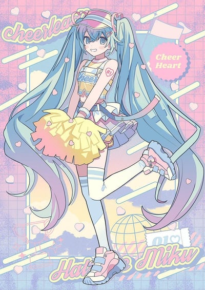 插画中是身着啦啦队服装的初音未来，她有着蓝紫色渐变的双马尾长发，头戴彩色条纹帽子，身穿印有“cheer”字样的无袖上衣和短裙，手持黄粉渐变的啦啦队绒球。背景为粉色网格底纹，点缀着爱心、彩带和“Cheer Heart”字样，底部有“Hatsune Miku”签名。角色面带微笑，姿态活泼，整体风格甜美明快，充满青春活力。