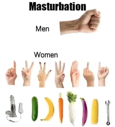 图片以“Masturbation”为标题，上方展示男性相关的握拳手势，下方展示女性相关的多种手势及蔬菜、工具等物品，通过图文对比的方式暗示不同性别的自慰方式差异。