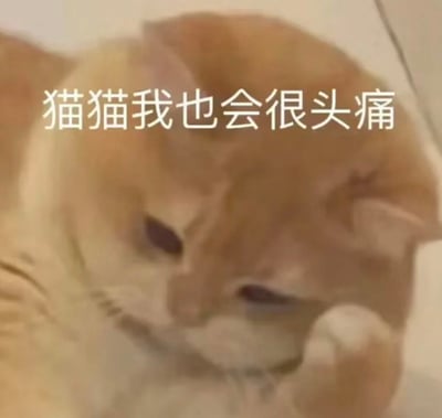 图片中是一只橘猫趴卧在地，眼神低垂，表情显得疲惫无奈。图片上方覆盖着白色文字“猫猫我也会很头痛”，通过拟人化手法赋予猫咪人类的情绪，表达出类似人类感到头痛、烦恼的状态，整体风格可爱又略带共鸣感。