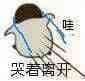 图片中是一个卡通角色，面部带着悲伤的哭泣表情，正在哭着离开。角色上方有文字“谁”，旁边配有“哭着离开”的文字描述，整体营造出一种悲伤、无奈的氛围。