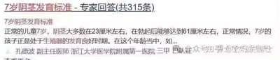 图片内容为关于儿童生殖发育的错误医疗信息，声称7岁儿童阴茎长度可达23厘米（勃起后61厘米），这与医学常识严重不符，存在明显误导性。