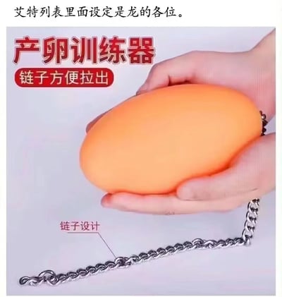 图片上方有文字“艾特列表里面设定是龙的各位。”，下方是一张产品展示图：一双手捧着一个橙色椭圆形物体，物体上连接着一条金属链子。图片中物体被标注为“产卵训练器”，并配有“链子方便拉出”和“链子设计”的文字说明。整体是一张幽默 meme，通过将社交媒体中“设定为龙”的用户与“产卵训练器”这一虚构产品联系起来，调侃这类用户设定，营造搞笑氛围。