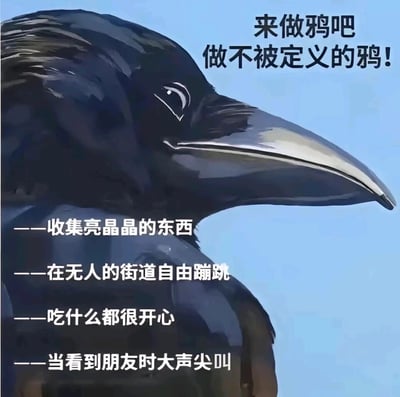 这是一张治愈系的网络梗图，采用风格化的乌鸦卡通形象，以“来做鸦吧，做不被定义的鸦！”为核心口号，通过拟人化的方式，将乌鸦收集亮晶晶物品、自由蹦跳等习性转化为向往自由、随性自在的生活准则，列举了收集亮晶晶的东西、在无人街道自由蹦跳、吃什么都开心、见到朋友大声尖叫这些简单快乐的行为，传递出摆脱生活束缚、享受纯粹愉悦的情绪，整体画风柔和，内容轻松解压，能引发人们对简单自由生活的共鸣。