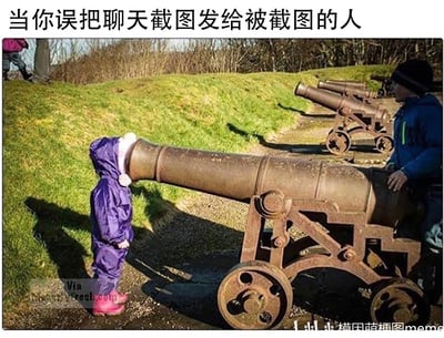 这是一张搞笑社死梗图，图片上方配有文字“当你误把聊天截图发给被截图的人”，画面主体是户外场景里的一门古旧生锈的大炮，一个穿着紫色连体衣、粉色鞋子的小孩将脸完全凑进大炮的炮口内，旁边还有一个穿蓝色外套的男孩扶着大炮。这个画面生动地比喻了误发截图后的社死瞬间，仿佛自己正直面“炮火”，精准传递出那种尴尬、无地自容的心情，用夸张的场景制造出幽默的反差感，让人感同身受又忍俊不禁。