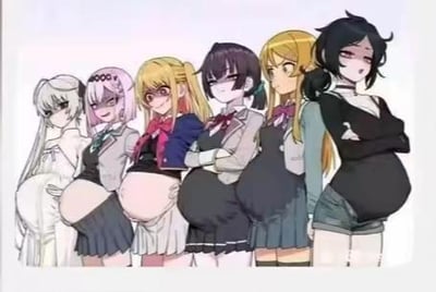 图像中六位动漫风格少女并排站立，均呈现明显的腹部隆起（怀孕状态），角色造型各异：从左至右分别为白发白衣少女、粉发头带校服少女、金发眼镜蓝上衣少女、紫发灰外套少女、浅金发灰衣少女及黑发黑衣双臂交叉少女。角色均具有典型动漫特征，如大眼睛、多彩发色及精致五官，整体画风夸张，通过将通常青春靓丽的少女形象与怀孕状态结合，形成强烈反差感，可能用于搞笑或猎奇向同人创作。
