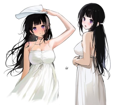 这是一幅画师原创的《冰菓》角色千反田爱瑠的二次元插画，呈现了她的两种夏日造型：左侧的千反田抬手用白色布料遮挡阳光，黑色长发被风吹得凌乱，脸上带着惊讶又略带羞涩的神情；右侧的她扎着低马尾，用白色发饰固定，回头看向镜头，露出惊喜羞涩的表情。两款造型都身着清爽的白色挂脖长裙，整体画风柔和清新，充满夏日的治愈感。