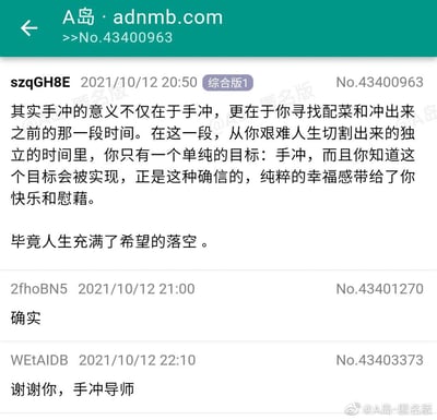 这是A岛匿名版的一则网络讨论帖，2021年10月12日20:50，匿名用户szqGH8E在综合版板块发表感悟，认为手冲的核心意义不在于行为本身，而是能从充满不确定性与挫折的人生中，切割出一段只为完成手冲的纯粹时间——这段时间里有明确且必然能实现的目标，这种确定的、纯粹的幸福感，能为人们在充满希望落空的人生中带来快乐与慰藉。随后两位匿名用户分别在21:00和22:10回复“确实”与“谢谢你，手冲导师”，前者表达对楼主观点的认同，后者则以略带调侃的方式回应，整体内容传递出当代人在人生的不确定性中，从微小、确定的日常小事里寻求情绪慰藉的心态。