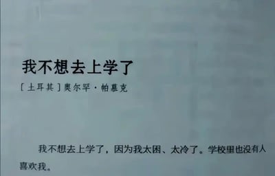 一张仿书籍排版的文字梗图，标题为“我不想去上学了”并伪托土耳其作家奥尔罕·帕慕克之名，正文以孩子气的口吻列出不想上学的理由：“太困、太冷，学校里也没有人喜欢我”，通过反差感营造幽默效果，引发学生群体共鸣。