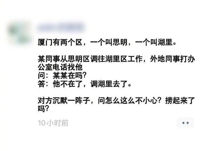 这是一张社交媒体截图类的纯文字图，内容是一个利用中文谐音制造的职场乌龙笑话。内容背景设定为厦门的两个行政区思明区与湖里区，一名同事从思明区调职到湖里区工作，外地同事拨打办公室电话寻找该同事，接电话的人员回复“他不在了，调湖里去了”，外地同事将“调湖里（调动到湖里区）”误解为“掉湖里（掉落进湖里）”，随即追问“怎么这么不小心？捞起来了吗？”，通过“调”与“掉”的谐音差异制造出荒诞又诙谐的乌龙笑点，属于典型的中文谐音梗趣味内容，风格轻松幽默，适合职场场景下的娱乐互动与传播。