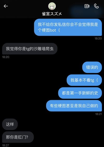 这是一张聊天记录截图，显示了两个人关于"梗图bot"的有趣对话。一方问："我不给你发私信你会不会觉得我是个梗图bot ("，对方回答："我觉得你是tg的沙雕墙爬虫"。随后前者纠正说："错误的"，"我基本不看tg ("，"都是第一手新鲜的史"，"有些梗图甚至是我自己做的"。最后对方回应："这样"，"那你是肛门?"。对话中使用了网络流行语和幽默调侃的语气。