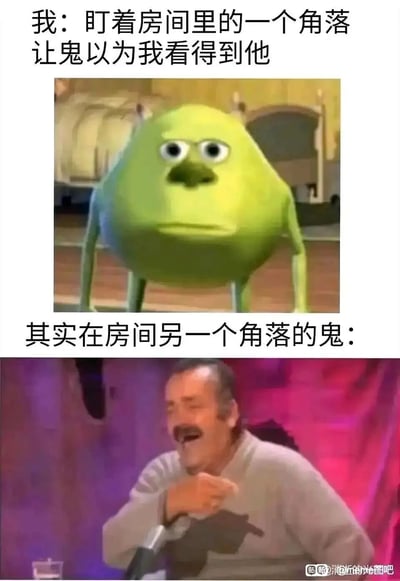 这是一张上下拼接的搞笑脑洞梗图，上方是经过P图修改的《怪兽电力公司》角色麦克·华斯基，配文表现出“我”独自在家时，试图通过盯着一个角落装成能看见鬼的样子来壮胆的状态；下方是一个开怀大笑的男子截图，对应另一个角落的鬼的反应，用这种反差感制造笑点，精准戳中了很多人独自在家害怕鬼魂，又想硬撑着装大胆的日常心理，充满趣味。