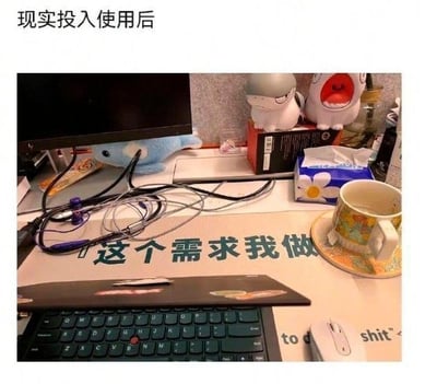 这是一张展示职场日常工位的实拍梗图，图片顶部配文“现实投入使用后”，画面中的办公桌面上摆放着显示器、笔记本键盘、水杯、抽纸、可爱玩偶摆件、耳机等常见办公物品，桌面铺着的鼠标垫原本完整文字为“这个需求我做不了”，但恰好被放置在上方的笔记本键盘和杂乱的数据线遮挡住了末尾的“不了”二字，仅露出“这个需求我做”的字样，形成强烈反差，调侃了打工人原本想要拒绝不合理需求，现实中却只能被迫承接需求的无奈处境，鼠标垫右下角还露出了零散的吐槽向字样，进一步强化了打工人的情绪共鸣。