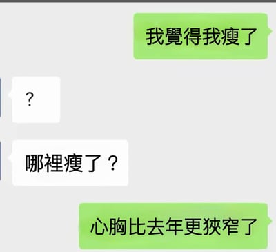 这是一张社交软件聊天记录截图，背景为浅灰色，用绿色、白色气泡区分两位发言者：绿色气泡用户先称自己觉得瘦了，对面白色气泡用户先后发出问号、询问哪里瘦了，最后绿色气泡用户回应“心胸比去年更狭窄了”，将“狭窄”和“瘦”的语义关联玩梗，以自嘲的方式吐槽自己心胸不如之前开阔、心态变差，充满搞笑感。