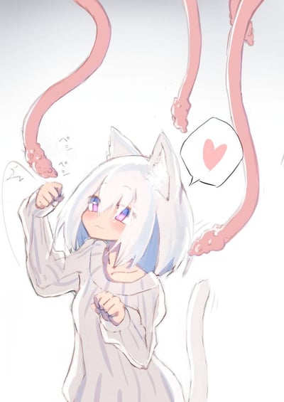 图中是一位有着白色短发、猫耳和猫尾的二次元少女，她身着宽松浅灰色毛衣，拥有粉紫渐变的通透眼眸，脸上带着软乎乎的微笑，双手握拳摆出可爱姿势，似乎在和画面上方的粉色软质触手互动。画面左侧有日语拟声词「プニプニ」（形容软弹的触感），右侧的对话气泡里是粉色爱心，整体画风柔和清新，充满治愈可爱的氛围，没有谐音梗或暗示类内容。