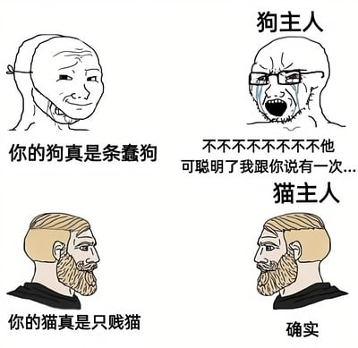 这是一张四格对比梗图，用夸张的漫画风格展现了狗主人和猫主人面对他人评价时的不同反应。左上格子中，一个戴头巾的人嘲讽道：“你的狗真是条蠢狗”；右上格子中，戴眼镜的“狗主人”激动地辩解：“不不不不不不不不他可聪明了我跟你说有一次...”；左下格子中，一个胡子男评价：“你的猫真是只贱猫”；右下格子中，同样的胡子男作为“猫主人”却淡定承认：“确实”。通过这种鲜明对比，幽默地表现了狗主人普遍护短，而猫主人对自家猫咪“调皮本性”的无奈接受。