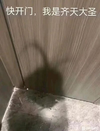 这是一张利用视觉错觉制作的趣味梗图，画面展示了室内门与地面的角落区域，地面和门板上的阴影组合在一起，其轮廓神似经典文学及游戏IP《西游记》《黑神话：悟空》中的齐天大圣孙悟空的面部。图片上方配有文字“快开门，我是齐天大圣”，将阴影的巧合视觉效果与文字结合，营造出仿佛齐天大圣真的在门外叫门的幽默场景，充满趣味性。图片右下角带有“@黑神话吧”的水印，表明该图可能出自围绕游戏《黑神话：悟空》讨论的百度贴吧社区。