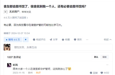 这是一张社交媒体截图，内容为匿名用户提问：'舍友都去图书馆了，宿舍就剩我一个人，还有必要去图书馆吗？' 下方有一条获得4.6万人赞同的回复：'有必要，因为我觉得你在寝室炉管的可能性比学习大。' 截图还显示了1337条评论，其中一条热门评论提到'原来大家一个人在寝室都会炉管呀，这我就放心了😅'，整体内容围绕大学生宿舍独处时的学习与娱乐调侃，充满幽默氛围。