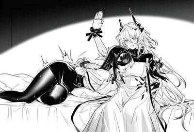 这是一幅黑白二次元同人插画，描绘了《碧蓝航线》中的两位铁血阵营女性角色的暧昧场景。深色长发的奥古斯特·冯·帕塞瓦尔被反绑双手趴在床上，身体带有汗珠，面露羞赧屈辱的神情，似乎正处于被主导的状态；浅色长发带角的埃吉尔坐在床边，面带戏谑的笑意，姿态放松，是场景中的主导者，画面充满百合向的私密张力与束缚play的暧昧氛围。