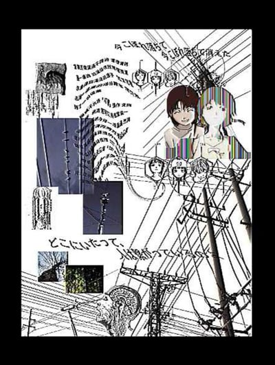 这是一张以实验性科幻动画《玲音》为主题的粉丝拼贴同人创作，画面将动画主角玲音的多组形象、电线杆与电线的实景/线稿、抽象机械结构图像拼接组合，右侧的玲音形象带有故障艺术的花屏效果，还原了原作中充满网络电波感、疏离又神秘的氛围。图中的日文文字为「今こぼれ落ちて 今こぼれ落ちて消えた」「とこにいたって、リンは繋がっているのよ」，进一步烘托出与网络、意识相连的诡异孤独感，无相关双关或谐音梗。