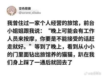 这是一则在社交媒体上传播的趣味生活段子，讲述了博主住个人经营旅馆时的可爱经历：前台告知晚上可能有工作人员来按摩，不接受可以赶走，结果所谓的“按摩工作人员”竟是旅馆养的猫咪，它从小门钻出来在人身上踩了一通（也就是猫咪踩奶的行为）后就返回，用猫咪踩奶的行为对应“按摩”，制造出可爱的反差感，充满治愈感和趣味性，让人忍俊不禁。