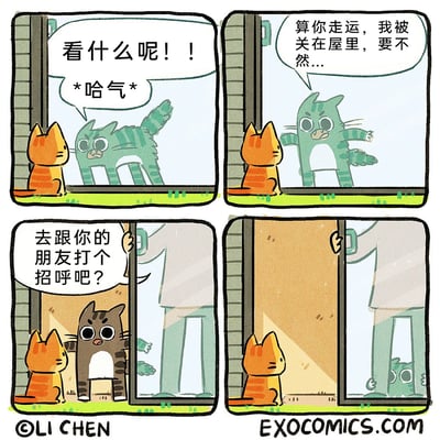 这是一则四格搞笑漫画，讲述了一只绿灰条纹猫的滑稽日常：第一格，窗外的橘猫安静坐着，屋里的绿灰条纹猫对着橘猫哈气，凶狠地喊“看什么呢！！”；第二格，绿猫张牙舞爪，嘴硬地说“算你走运，我被关在屋里，要不然...”，摆出一副要冲出去的架势；第三格，人类的下半身出现，拉开房门，对绿猫说“去跟你的朋友打个招呼吧？”，此时绿猫的真实状态暴露——它并不是被关在屋里，而是被门夹住了才摆出之前的姿势；第四格，门被完全拉开，橘猫看着被夹在门缝隙里的绿猫，绿猫露出尴尬的表情，整个故事通过反转制造笑点，将猫咪嘴硬装凶的滑稽感拉满。